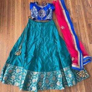 Emerald Green & Royal Blue Embroidered Lehenga Set with Red Dupatta
